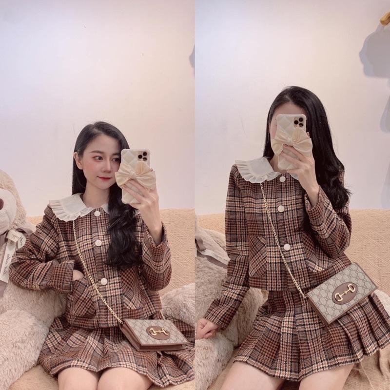 Set Dạ Kẻ Nâu Áo Dạ Mix Chân Váy Xếp Ly Có Ảnh Thật Kèm Video