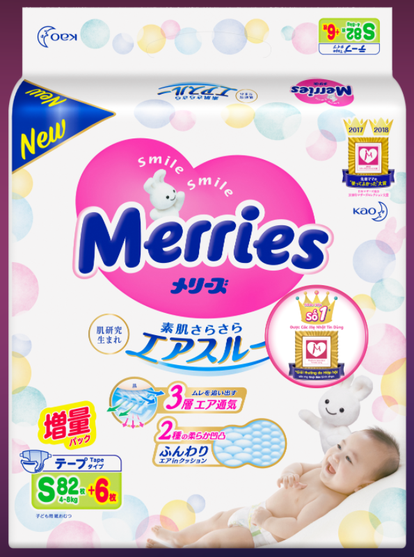 Bỉm Merries loại tã dán, size S88, (S82 + 6) cộng miếng (82 + 6) miếng (Cho Bé 4-8kg Hoặc Trẻ Từ 2-6 Tháng Tuổi) - Hàng nhập khẩu từ Nhật Bản, hàng chính hãng từ nhà sản xuất KAO