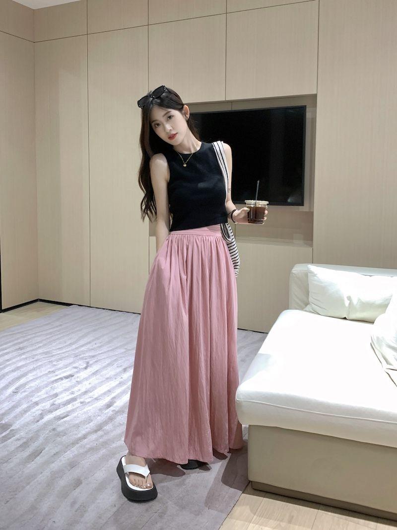 SHUANGYAN Váy cao eo nửa người kiểu Pháp, váy lê mùa hè, dáng người lớn, dịu dàng, gầy gò, váy chữ A dài.