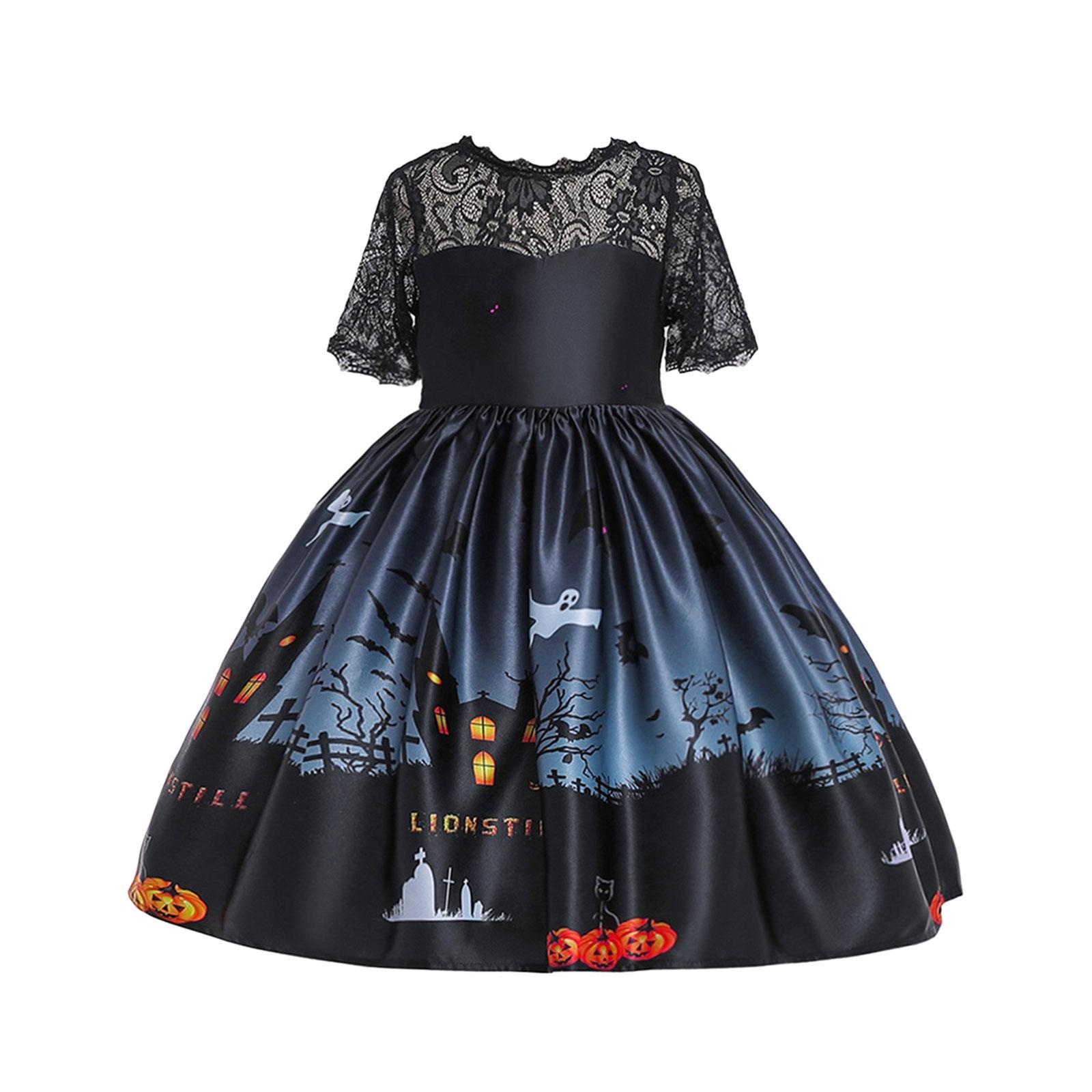 Kids Girls Halloween Costume Dress Pumpkin Skull Printed Fancy Dress Up Cosplay Party Outfits