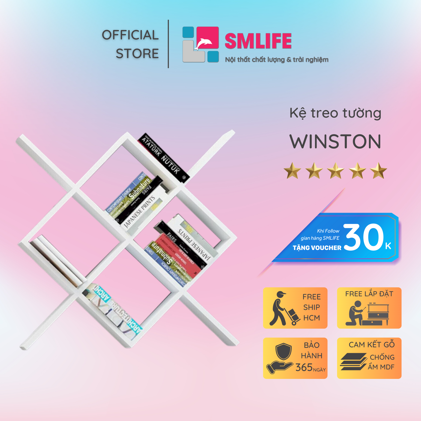 Kệ gỗ treo tường trang trí hiện đại SMLIFE Winston  | Gỗ MDF dày 17mm chống ẩm | D80xR20xC80cm