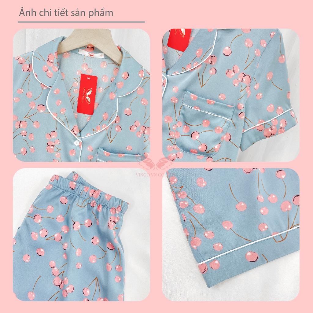 Đồ bộ nữ mặc nhà Pijama VINGO lụa Gấm tay ngắn quần đùi hoạ tiết vương miện dễ thương mặc mùa Hè thoải mái H726 VNGO