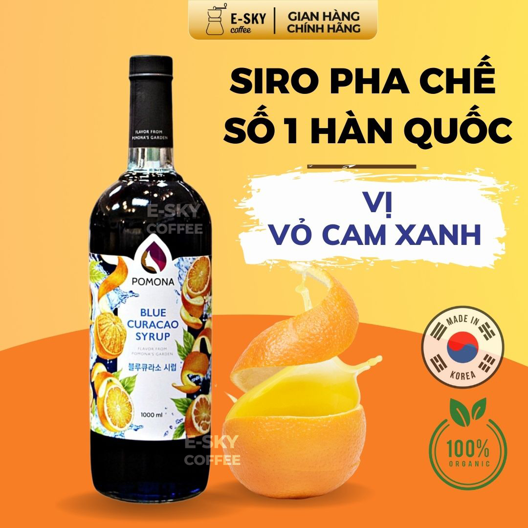 Siro Vỏ Cam Xanh Pomona Blue Curacao Syrup Nguyên Liệu Pha Chế Hàn Quốc Chai Thủy Tinh 1 Lít