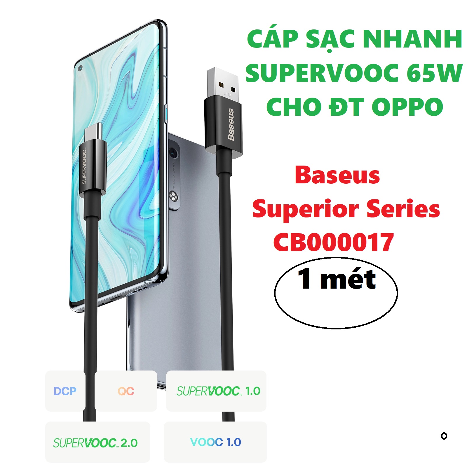 Dây cáp sạc nhanh SUPER VOOC Usb to C 65W cho điện thoại Oppo Baseus Superior Series CB000017_ Hàng chính hãng