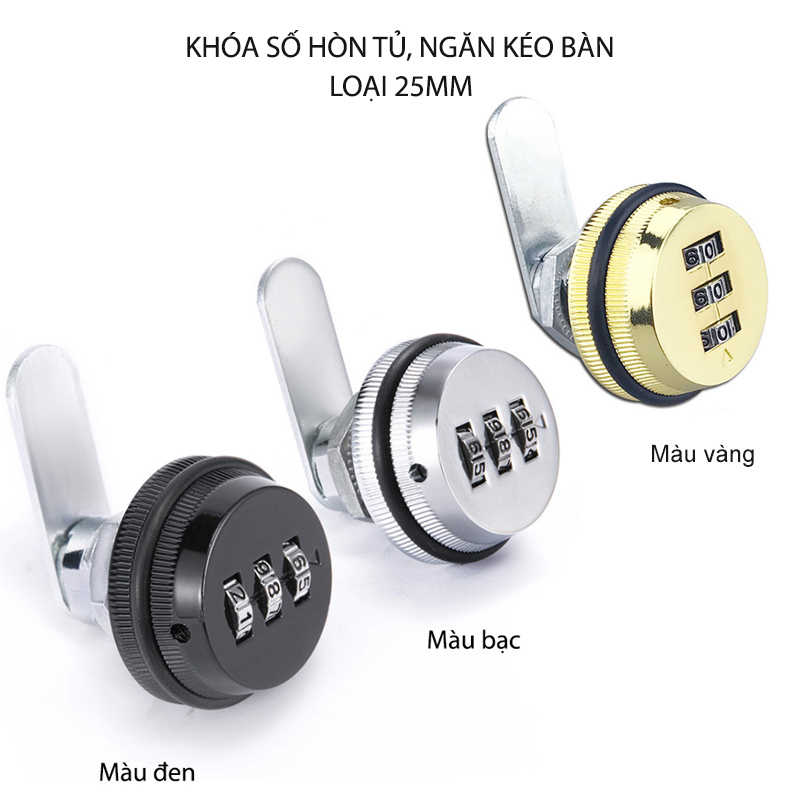 Khóa số ngăn kéo bàn, tủ, loại dài 25mm với 3 mã số có thể thay đổi được, bằng hợp kim