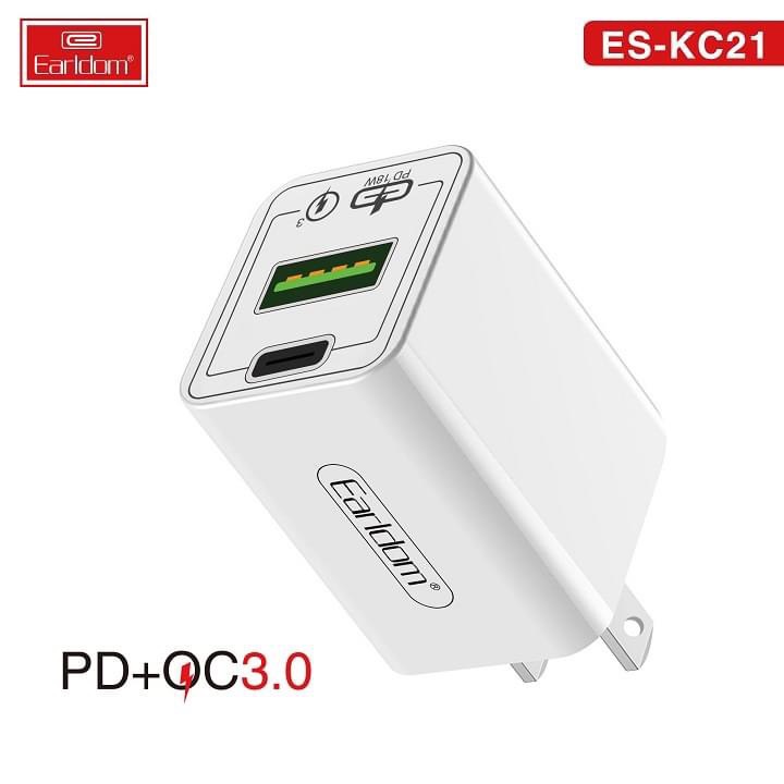 Củ Sạc Nhanh 18W Earldom KC21 Quick Charge 3.0 và Type C Power Delivery - Hàng Chính Hãng (Màu Ngẫu Nhiên)