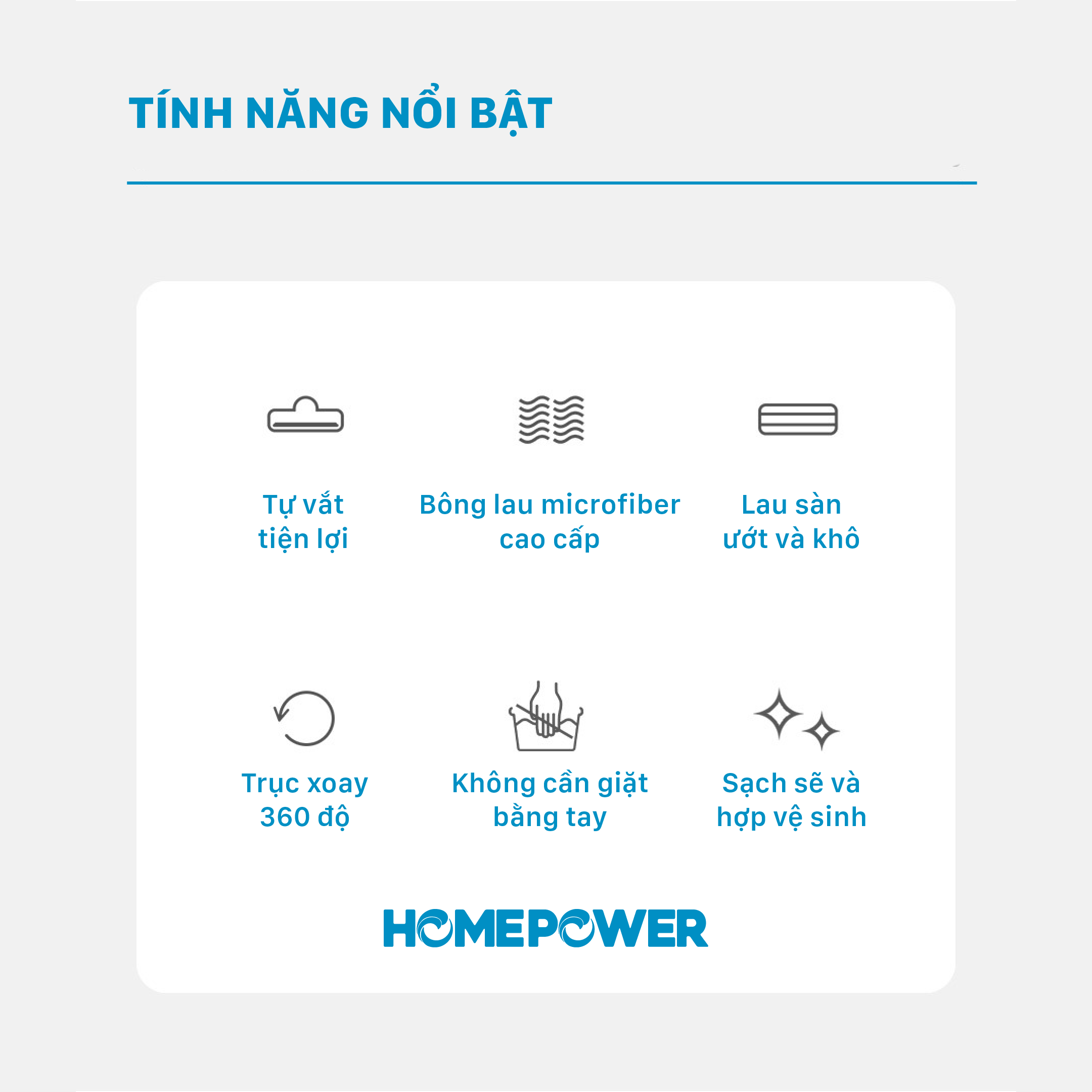 Cây Lau Nhà Tự Vắt Thông Minh 360 Độ Homepower CS-01, Thân Nhôm Sang Trọng, Cao Cấp, Bông Lau Microfiber Siêu Thấm Hút