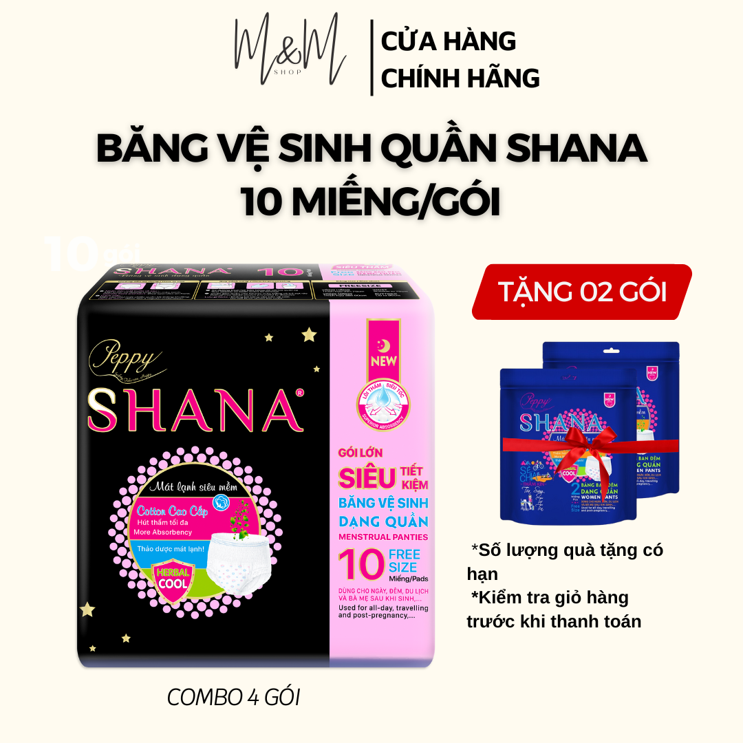 Combo 4 gói Băng vệ sinh quần Peppy Shana ngày đêm, mềm mại, thấm hút tối đa, chống tràn GÓI LỚN 10 quần/gói