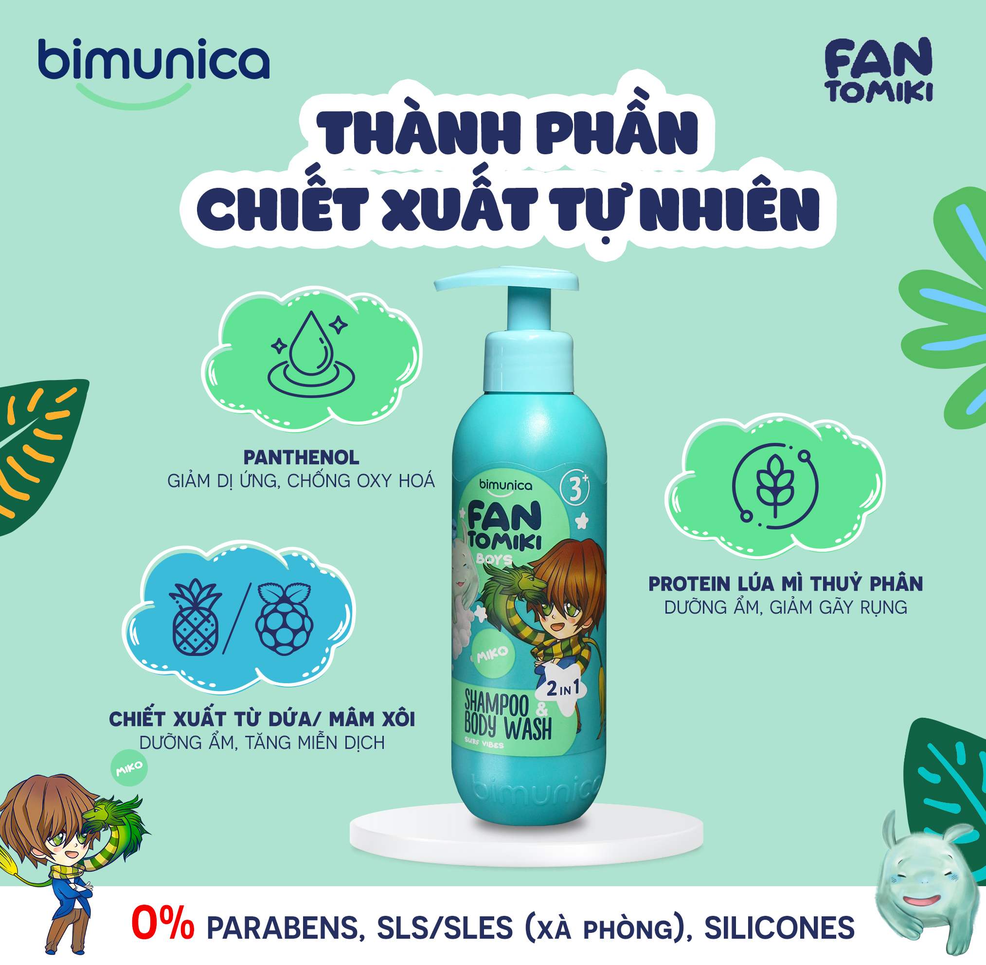 Sữa Tắm Gội 2in1 BIMUNICA Fantomiki Cho Bé Trai từ 3 Tuổi - 250ml Không Cay Mắt, Làm Sạch, Làm Mềm