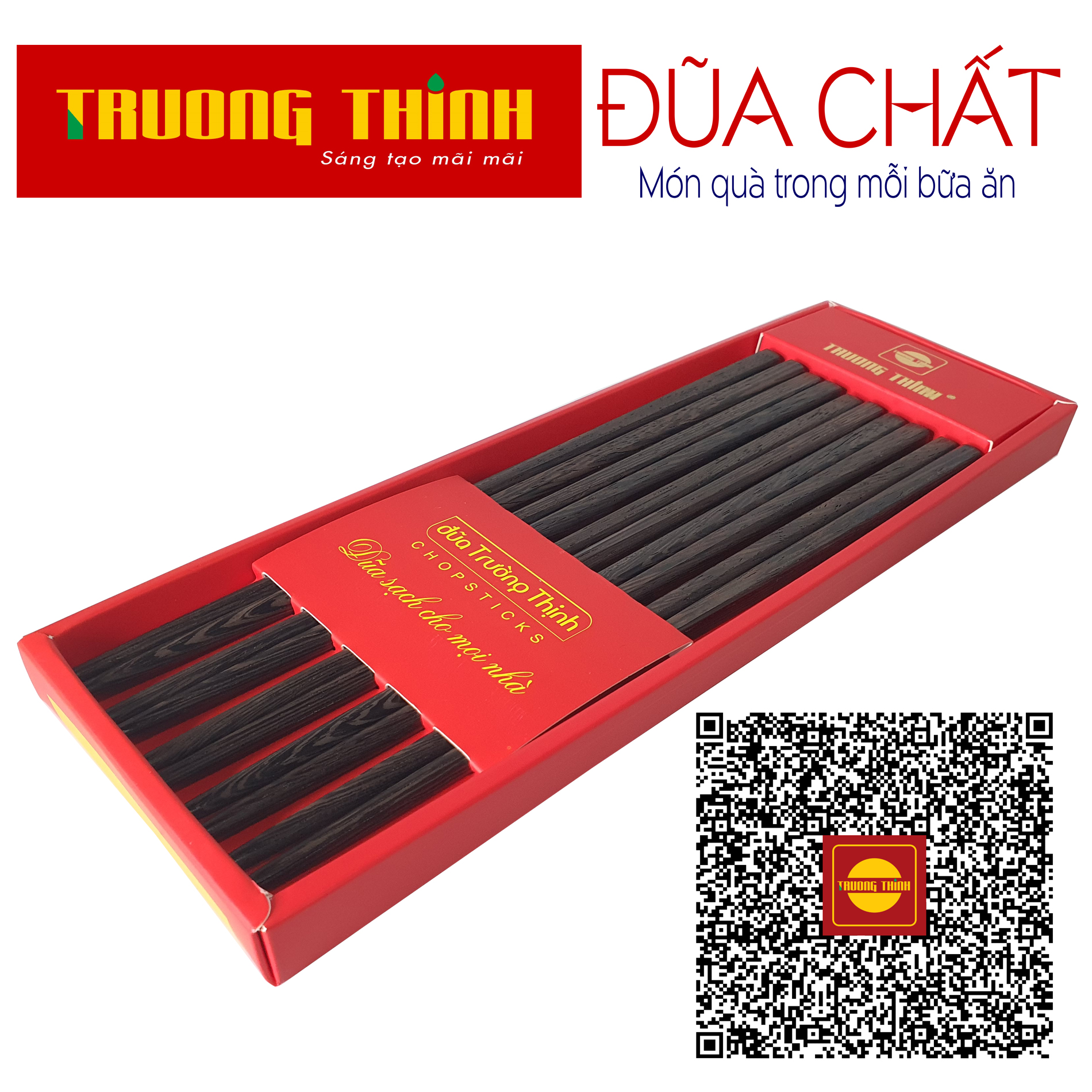 Đũa Gỗ Mun Hoa Đen Cao Cao Cấp Trường Thịnh Loại Đặc Biệt/ Hộp Màu Đỏ/ 10 Đôi Vuông Trơn