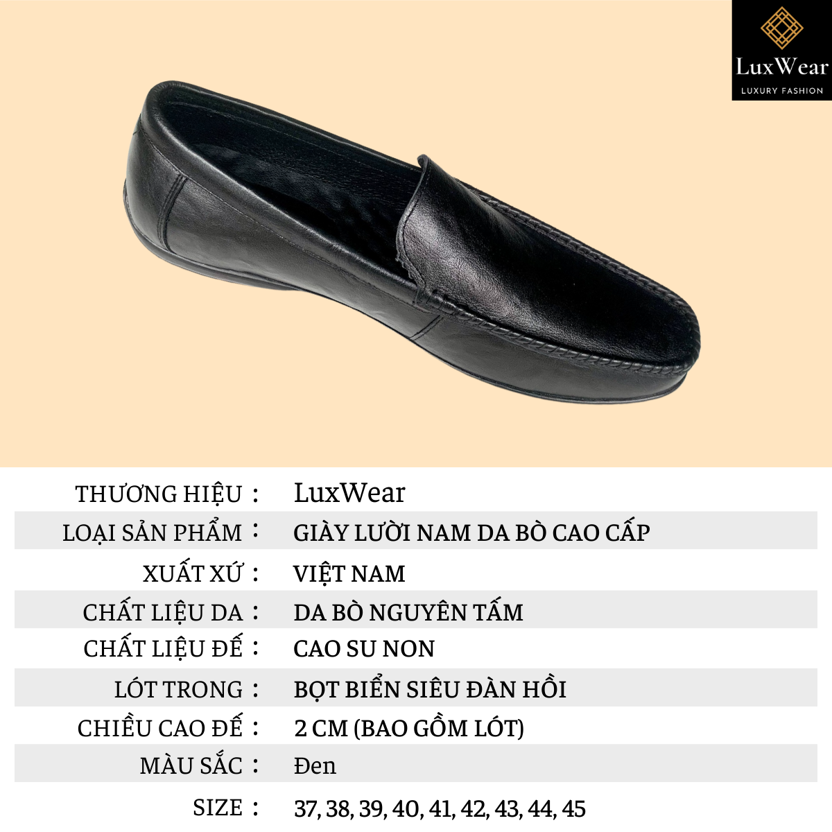 Giày lười nam da bò cao cấp đế khâu shoes màu đen bảo hành 12 tháng GM01