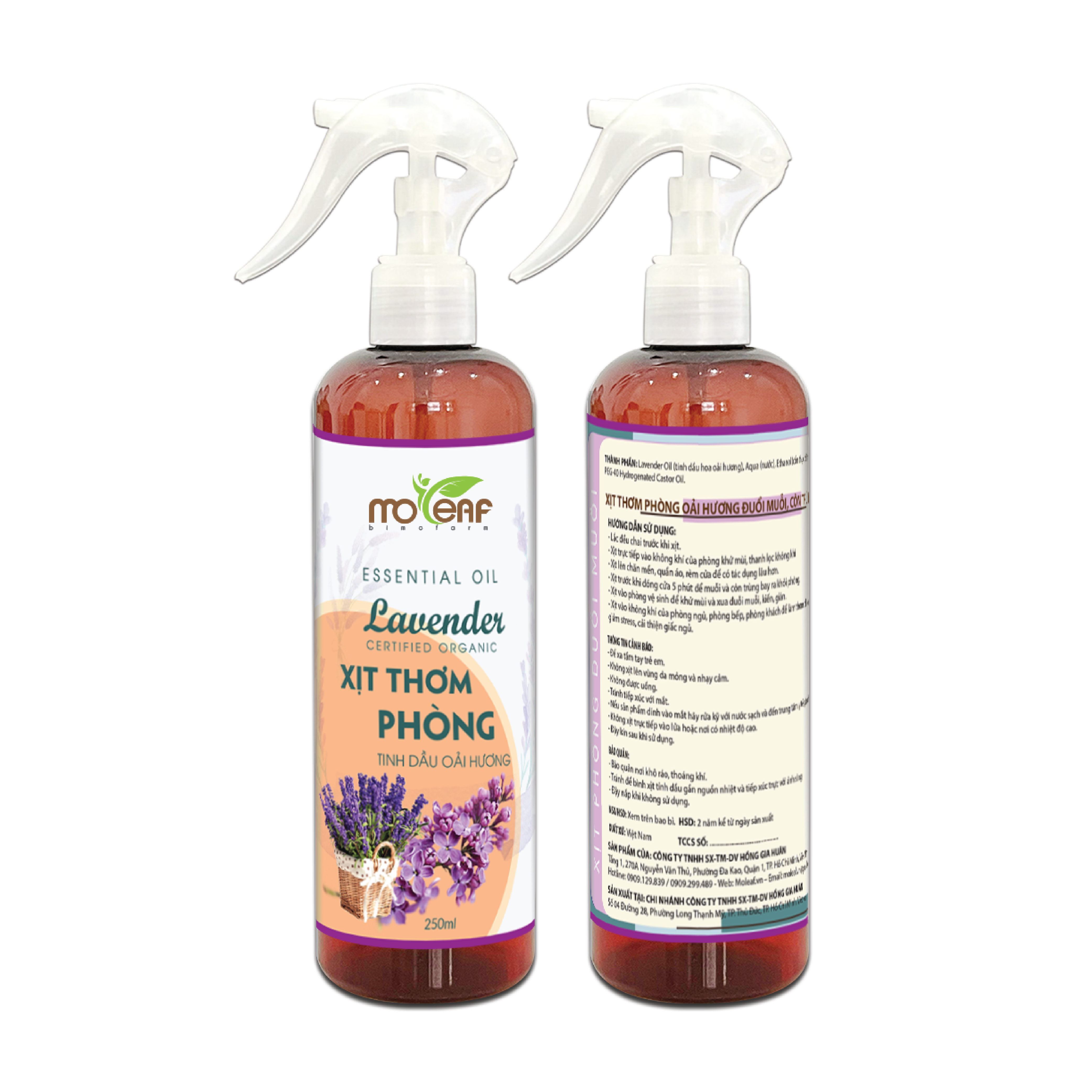 Xịt Thơm Phòng Moleaf Tinh Dầu Hoa Oải Hương - Lavender Thơm Mát Thư Giãn Hỗ Trợ An Thần Đuổi Muỗi Đuổi Con Trùng 250ml