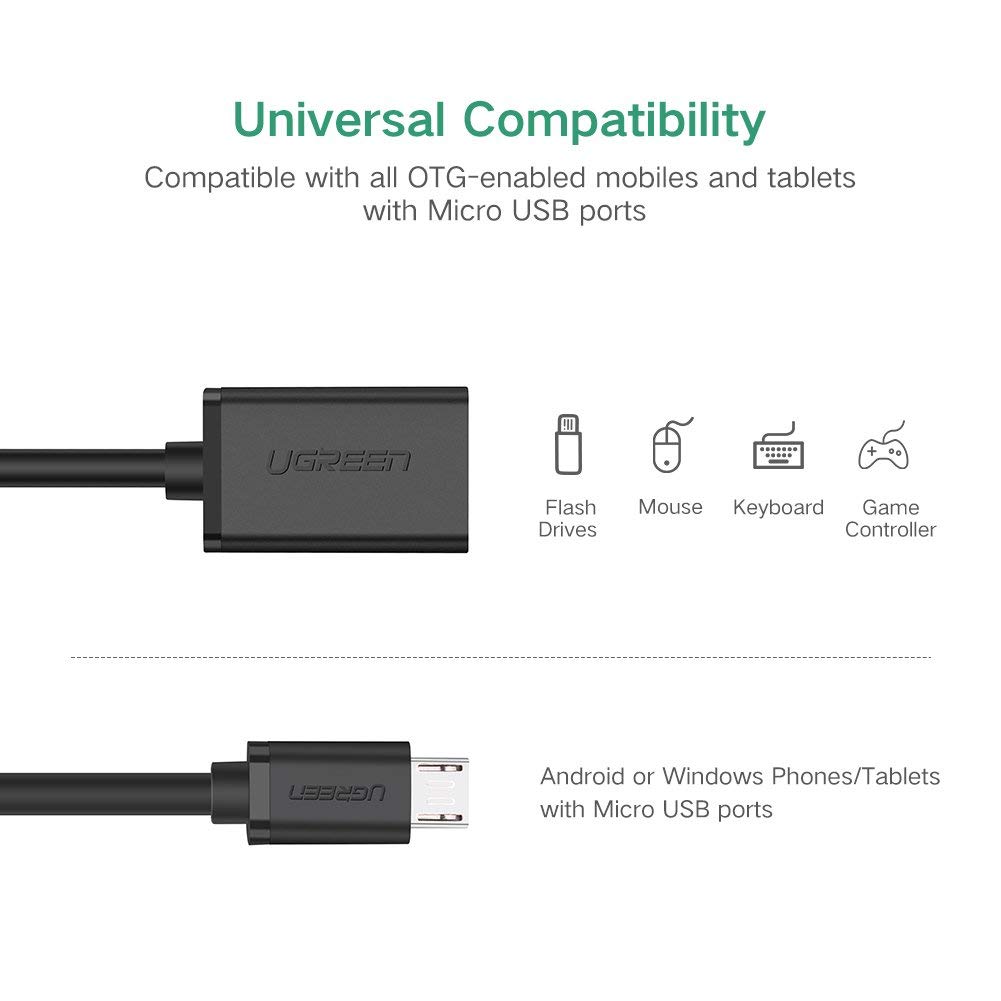 Dây Micro USB 2.0 OTG dạng tròn dài 15cm UGREEN 10396 (màu đen) - Hàng chính hãng