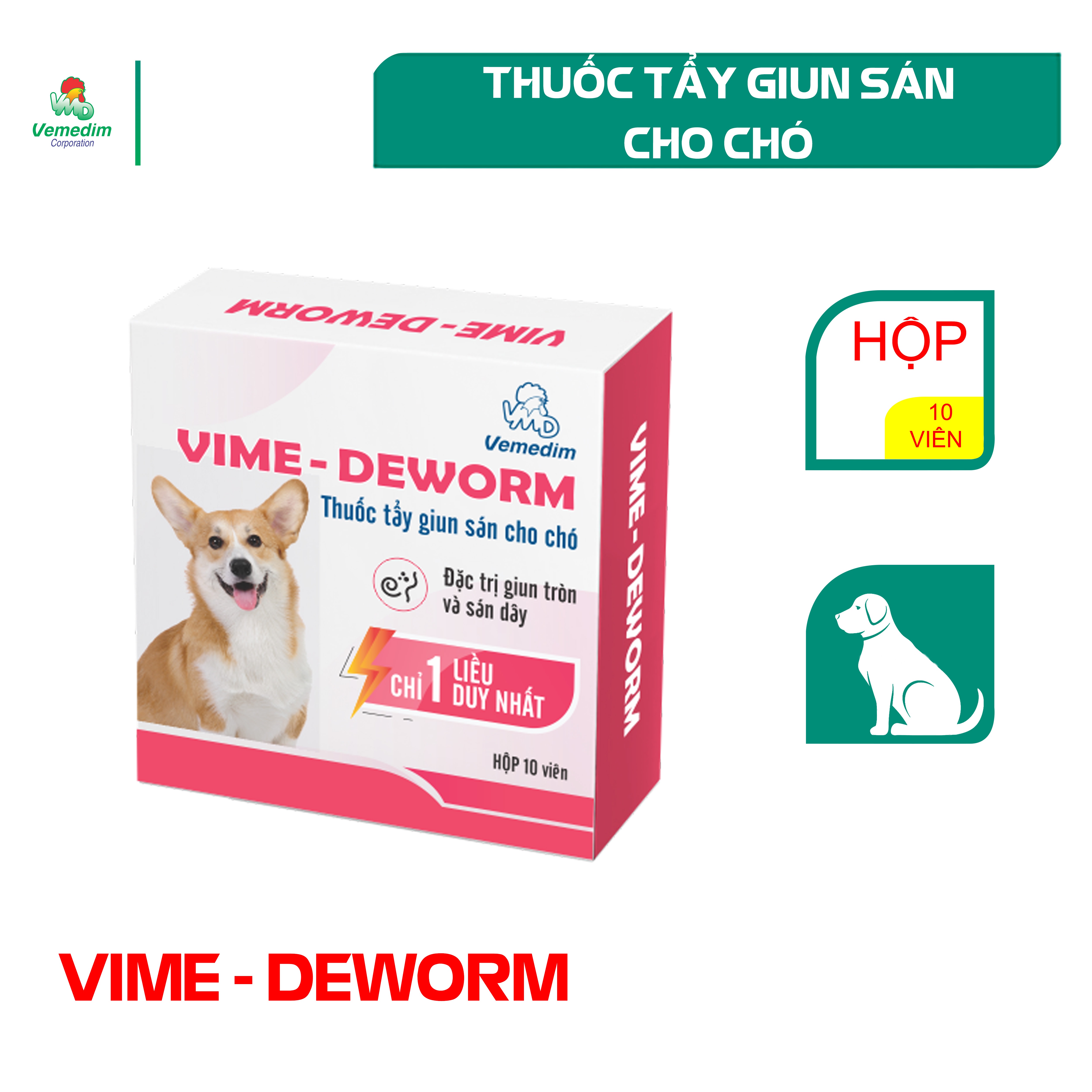 Vemedim Vime-Deworm thuốc viên tẩy giun sán chuyên dùng cho chó, hộp 10 viên