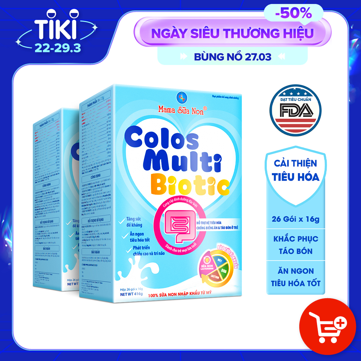 Combo 2 hộp sữa non cho bé Colosmulti Biotic hộp 26 gói x 16g chuyên biệt cho trẻ táo bón, tiêu hóa kém