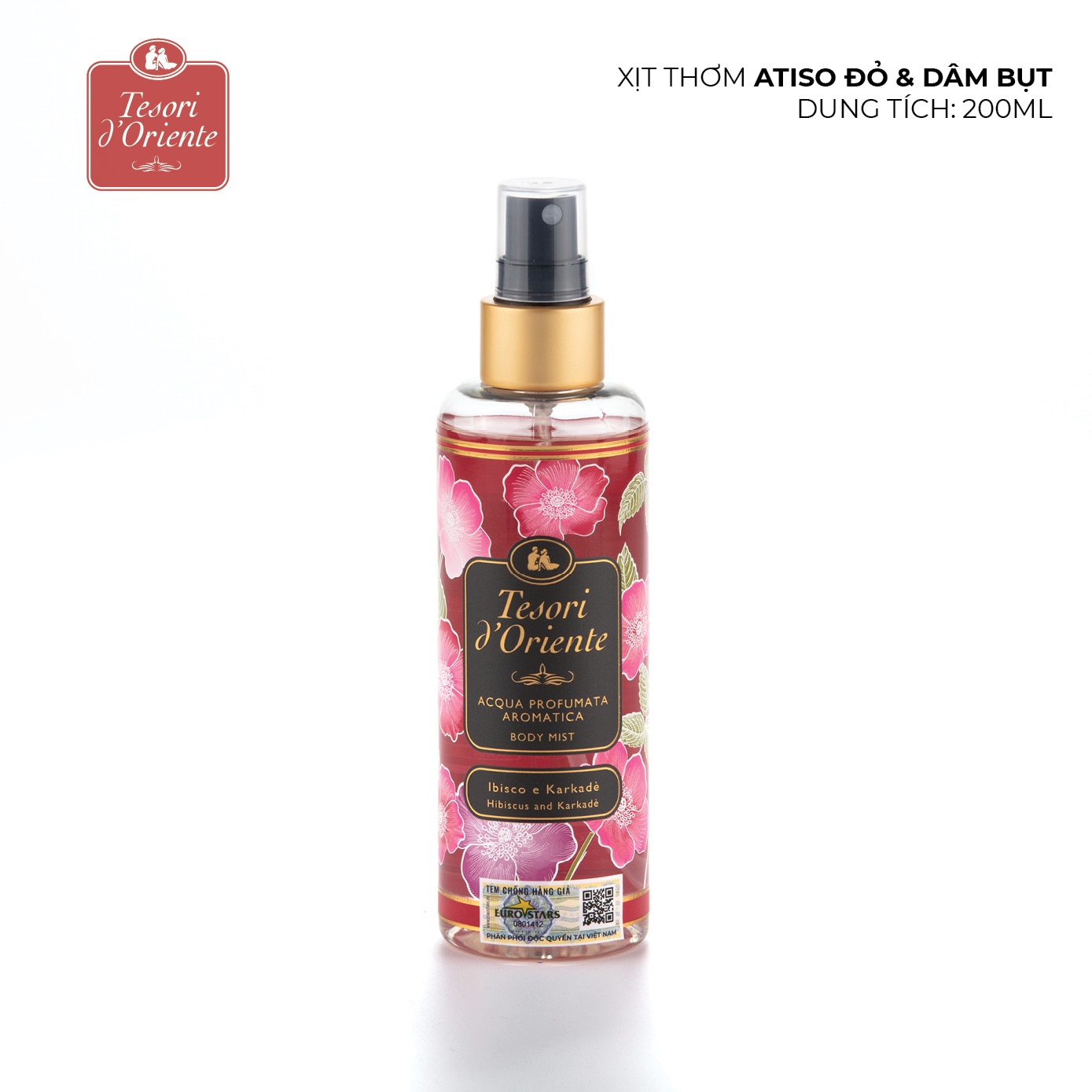 Xịt thơm dưỡng ẩm cơ thể (Body mist) Tesori d'Oriente Atiso đỏ và Hoa dâm bụt 200ml