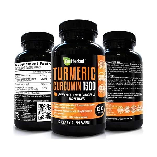 BE HERBAL Organic Turmeric Curcumin with Bioperine 1500mg - The Most Potent Turmeric Curcumin Supplement with 95% Standardized Curcuminoids - Enhanced with Ginger Extract - 120 Veg Capsules