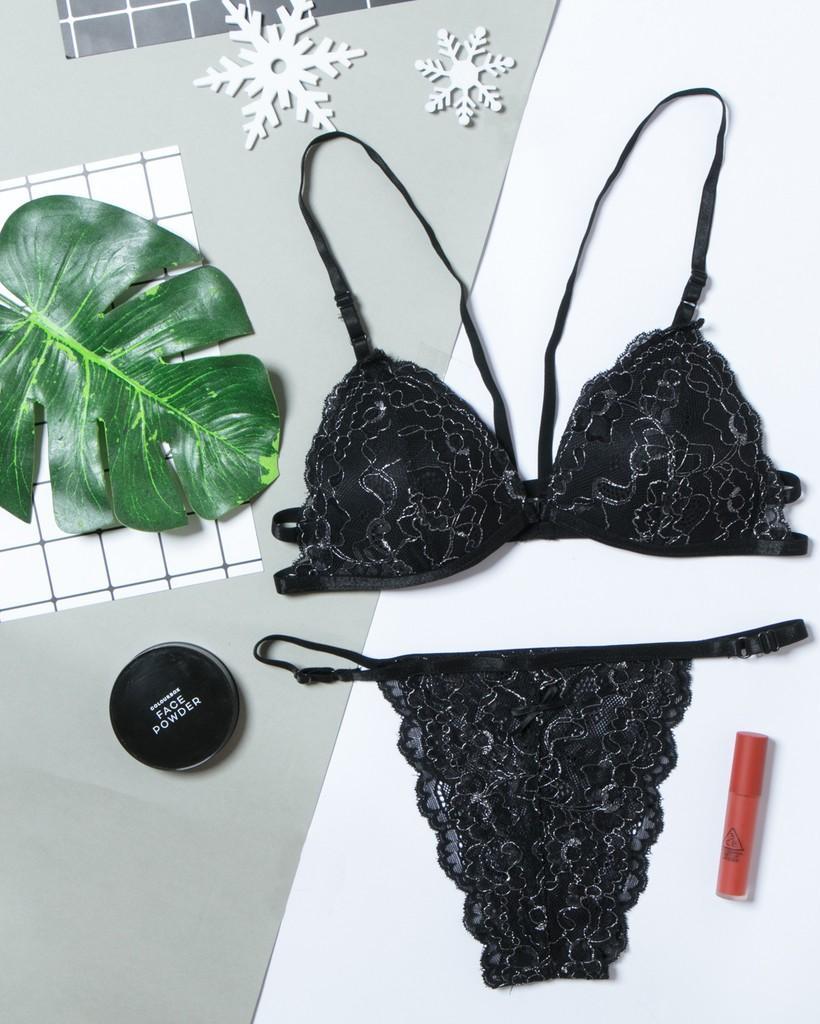 Bộ nội y ren bralette phong cách Vintage màu đen B011