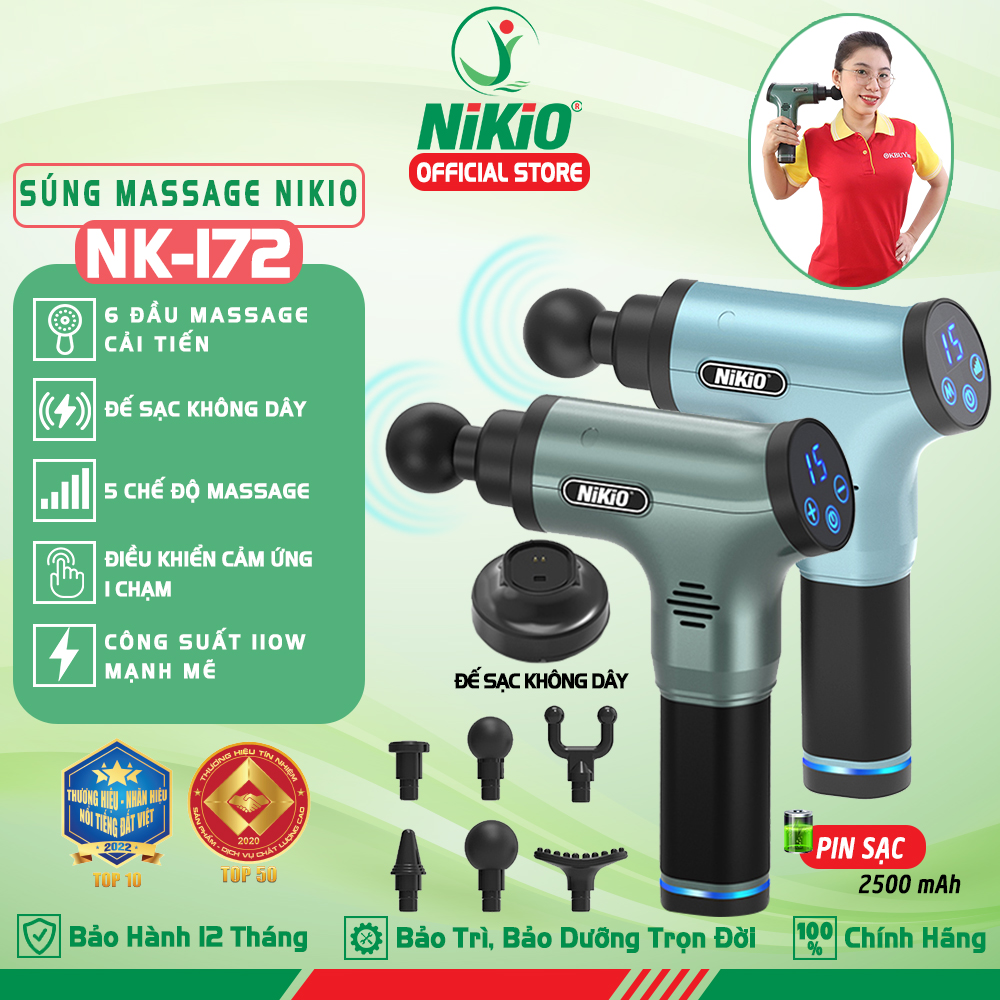 Máy (Súng) Massage Cầm Tay Nikio NK-172 - Kỹ Thuật Mát Xa Bộ Gõ Tân Tiến, Công Suất Cực Mạnh 110W, Tác Động Cực Sâu Vào Cơ Bắp, 6 Đầu Và 6 Tốc Độ Mát Xa Giảm Căng Cứng Và Đau Nhức Cơ Nhanh - Pin Khủng 2500 mAh, Sạc Chạm Thông Minh