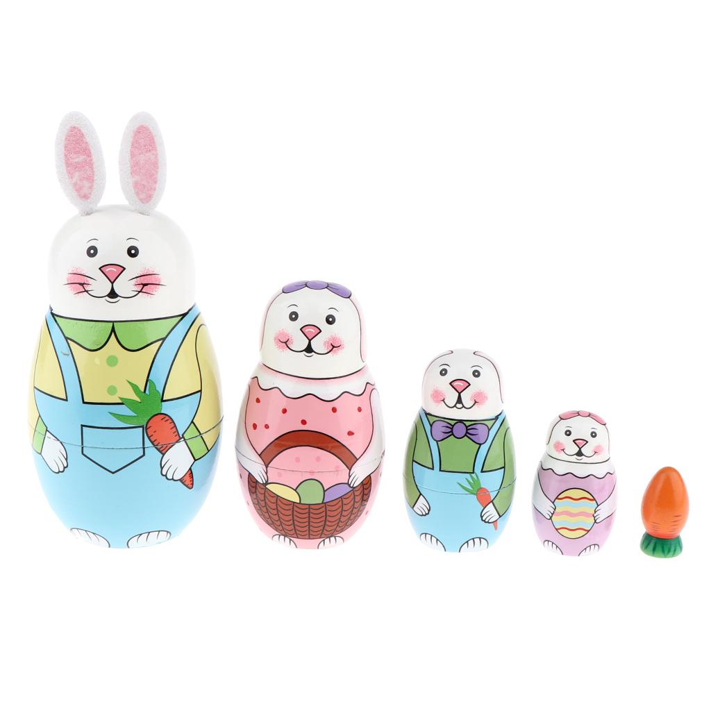 5pcs Cute Russian Wooden Hand Painted Nesting Dolls Kids Toys Gifts-Rabbit