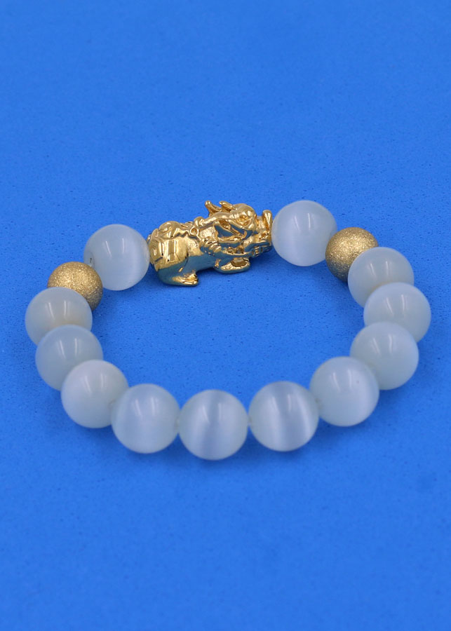 Vòng tay Đá Mắt Mèo Trắng 12 ly - cẩn Tỳ Hưu Phong Thủy inox vàng VMETTHHBV12 - hợp mệnh Kim, mệnh Thủy