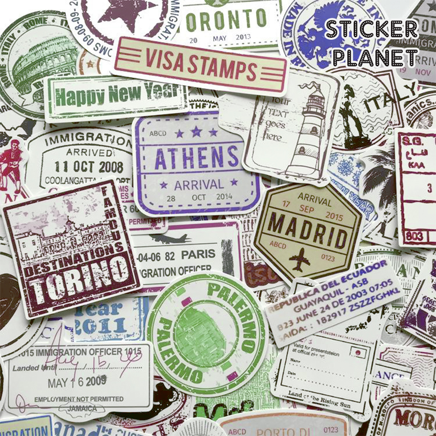 Bộ sticker chủ đề retro visa stamp chống thấm nước trang trí mũ bảo hiểm, đàn, guitar, ukulele, điện thoại laptop