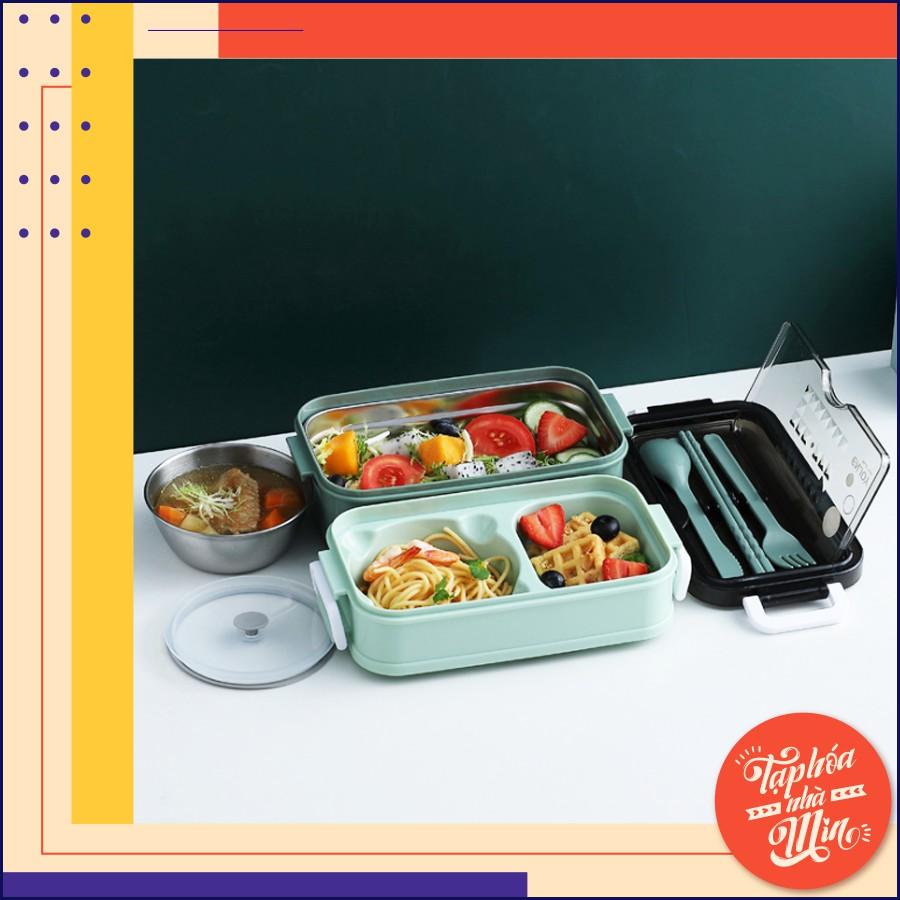 Hộp Cơm 2 Tầng INOX 304 Giữ Nhiệt - Kèm Chén Soup & Muỗng Đũa Nĩa