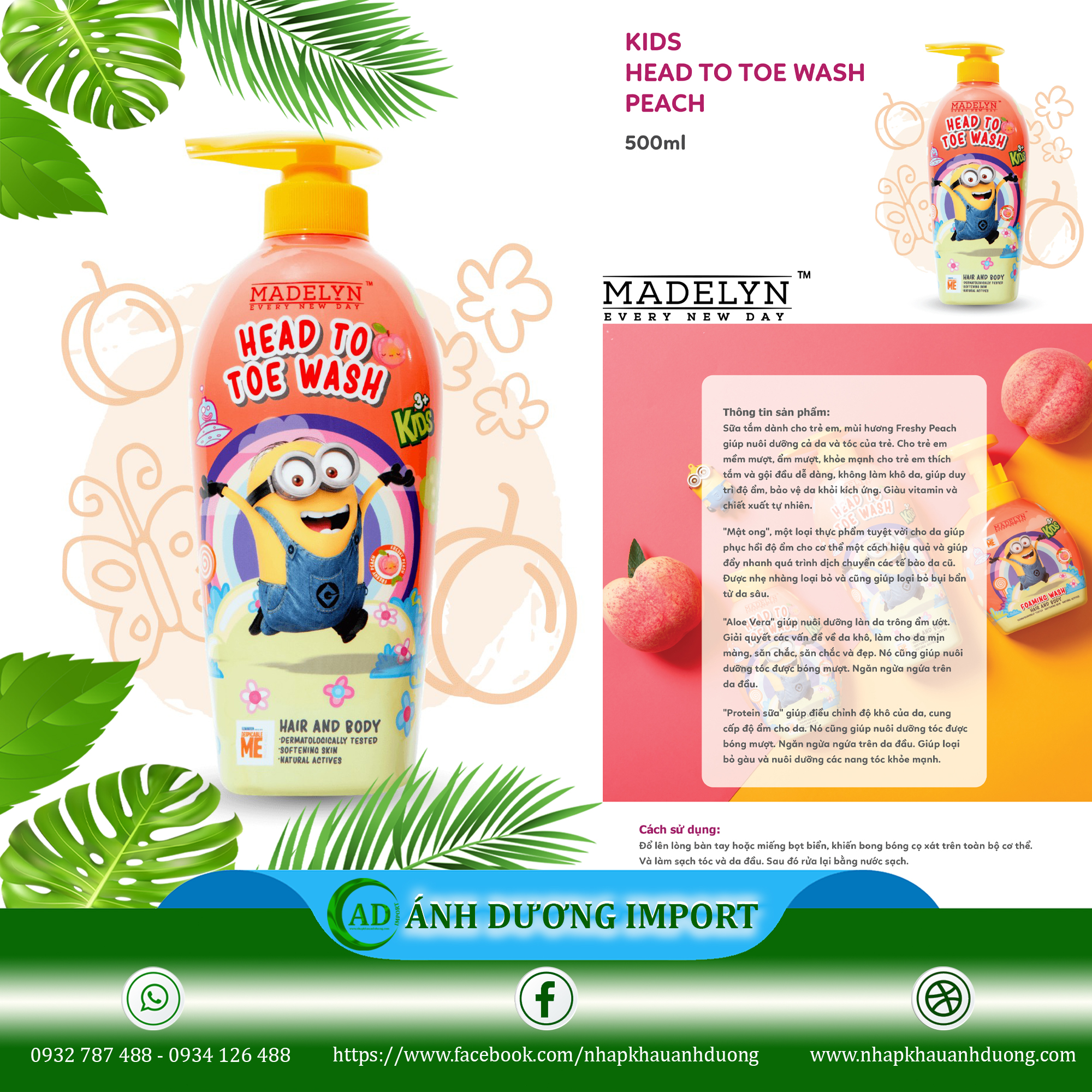 Tắm Gội Toàn Thân Hương Đào Tươi Dành Cho Trẻ Em - MINION MADELYN KIDS HEAD TO TOE WASH PEACH 500ml