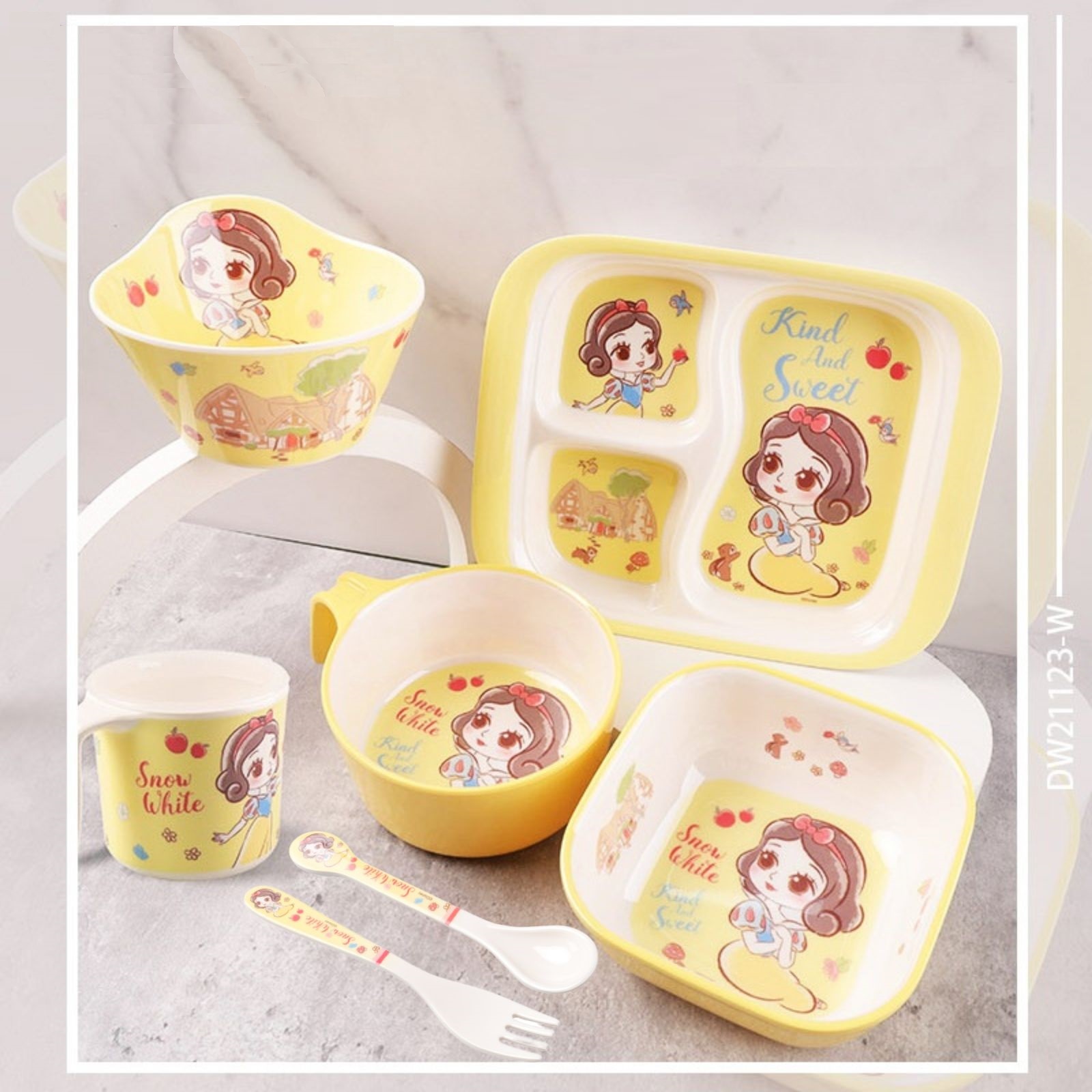 Bộ dụng cụ ăn Melamine 7 món in hình hoạt hình cao cấp chịu nhiệt - Bạch Tuyết