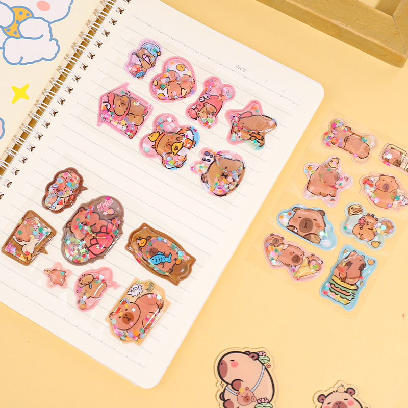 Set 10 Hình/ Tấm Sticker Hình Dán 3D Nước Kim Tuyến CAPYBARA Lấp Lánh Cute Decor Trang Trí Sổ Tay