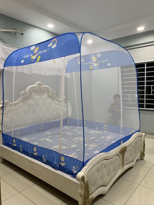 Màn Chụp Tự Bung Đỉnh Vuông Cao Cấp Mộc Miên - Màu Trắng Viền Xanh