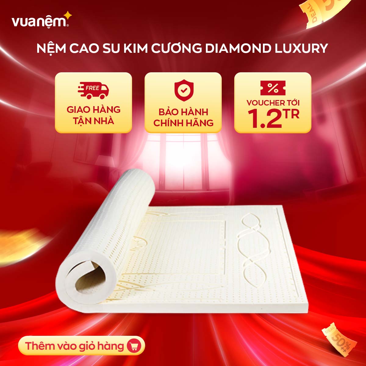 Nệm cao su cuộn hút chân không cao cấp Kim Cương Diamond Luxury 100% cao su thiên nhiên, bảo vệ cột sống