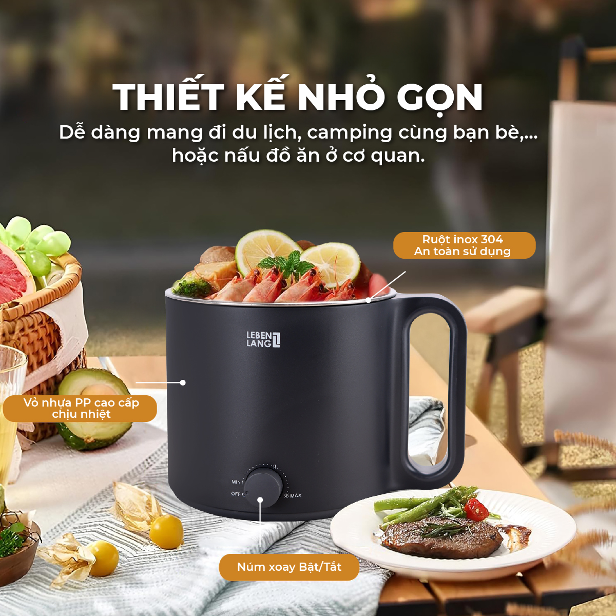 Nồi lẩu điện mini đa năng Lebenlang LBEC0808 1500ml - Hàng chính hãng