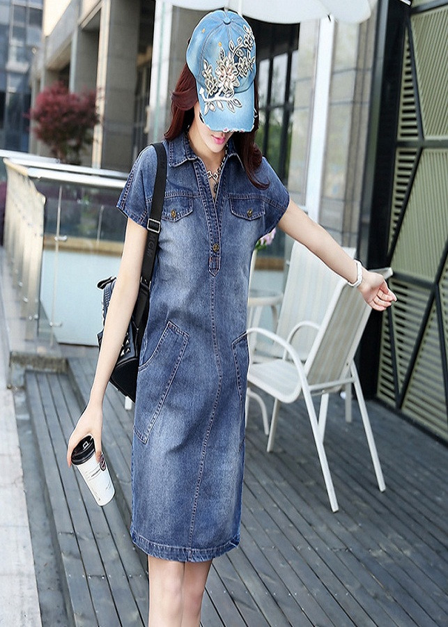 Đầm Jean Suông Cổ Sơ Mi Cao Cấp