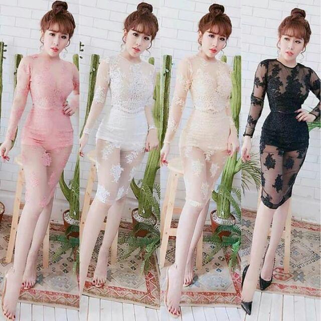 Đầm body tay dài lưới mỏng thêu sexy