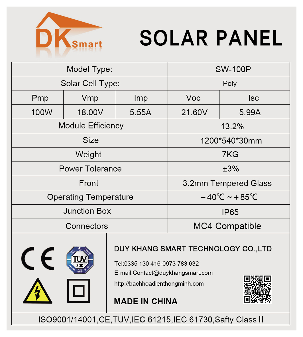 Tấm Pin Năng Lượng Mặt Trời Poly 100W