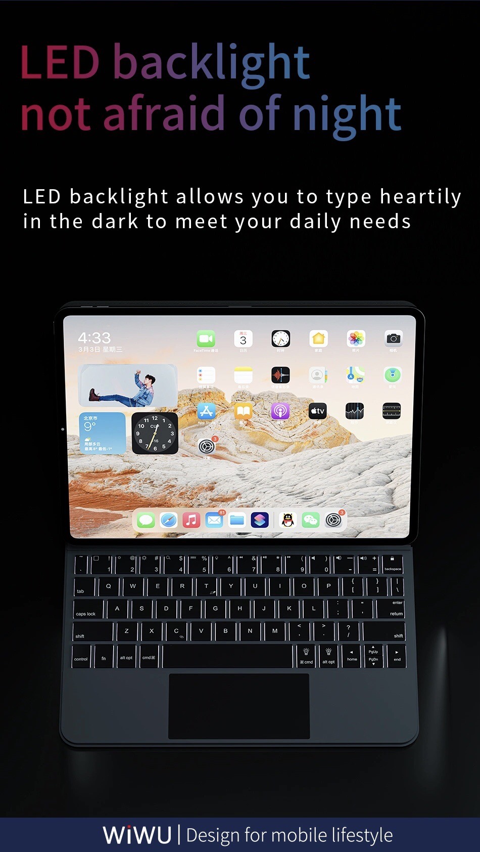 Bao bàn phím Wiwu Magic Keyboard MK109 cho Ipad  10.9", 11", 12.9" có cảm ứng nguồn hiển thị pin thời gian thực, tích hợp nam châm - Hàng chính hãng