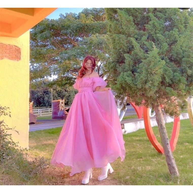 Đầm váy maxi tơ phồng lót lụa mút ngực cổ V tay bồng tím đỏ hồng Ivy.fashion đi biển dự tiệc dạo phố bigsize gợi cảm s