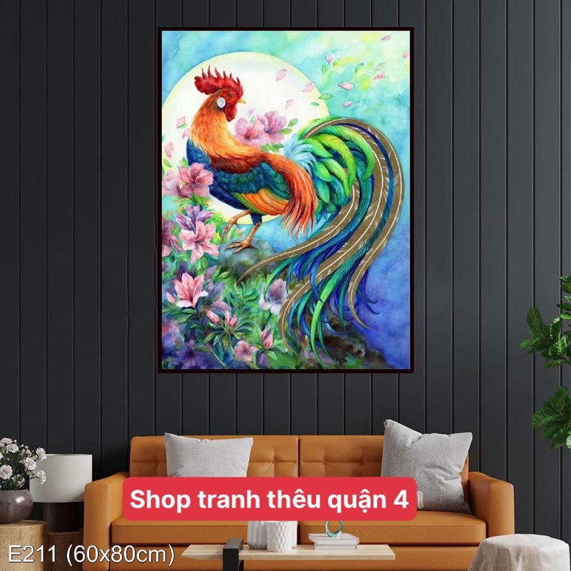 [Thêu kín] Tranh thêu chữ thập Kim kê đại phát E211, kích thước 60 x 80 cm