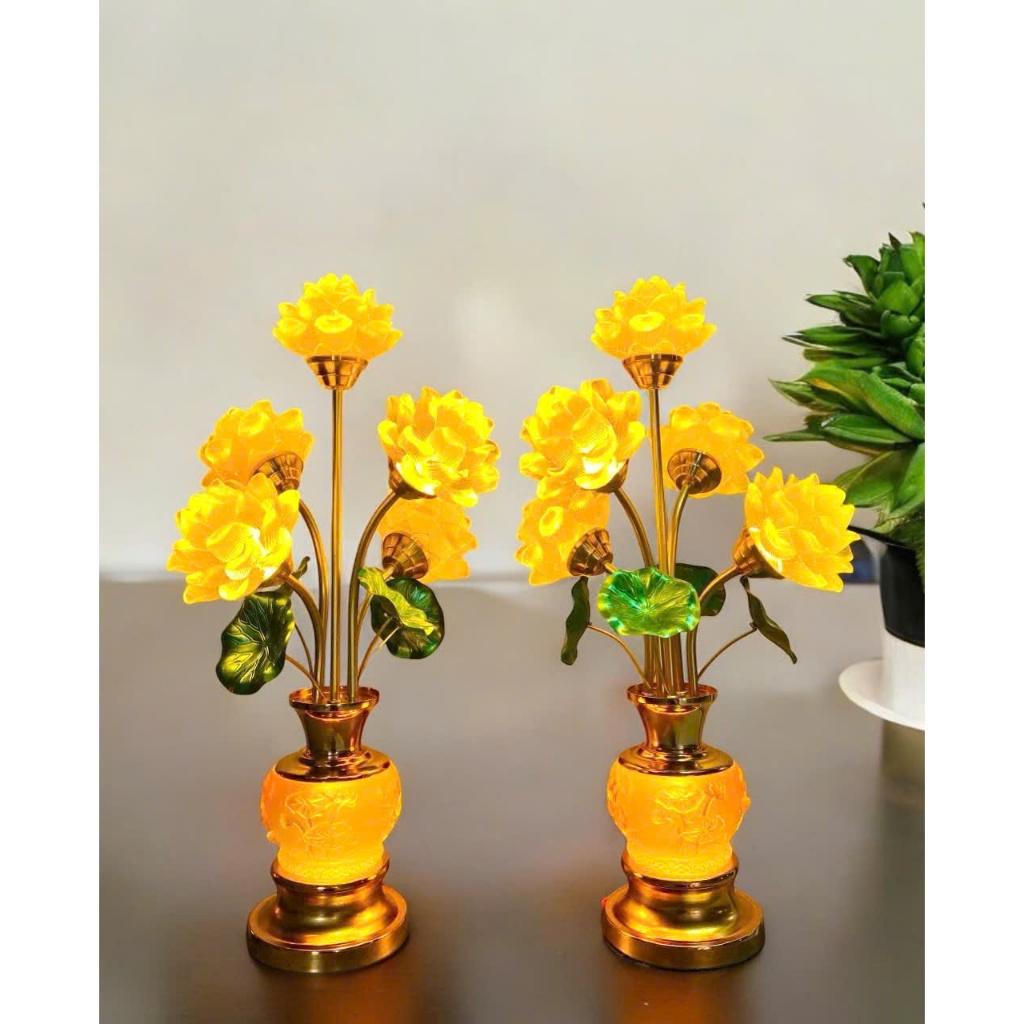 Đèn hoa sen 5 bông bình ngọc lưu ly RỒNG VIỆT, đèn sen thân hợp kim cao 55cm cao cấp