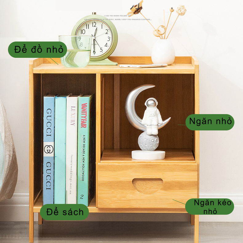 Kệ Tủ mini kê đầu giường làm bằng gỗ tre sang đẹp, để sách và các đồ vật nhỏ, Kích thước 42x31x45cm - Táp mini đầu giường