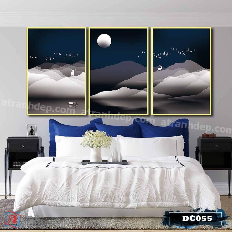 Bộ 3 tranh canvas treo tường Decor họa tiết cách điệu hươu và rừng cây, phong cách đơn giản, tinh tế – DC055