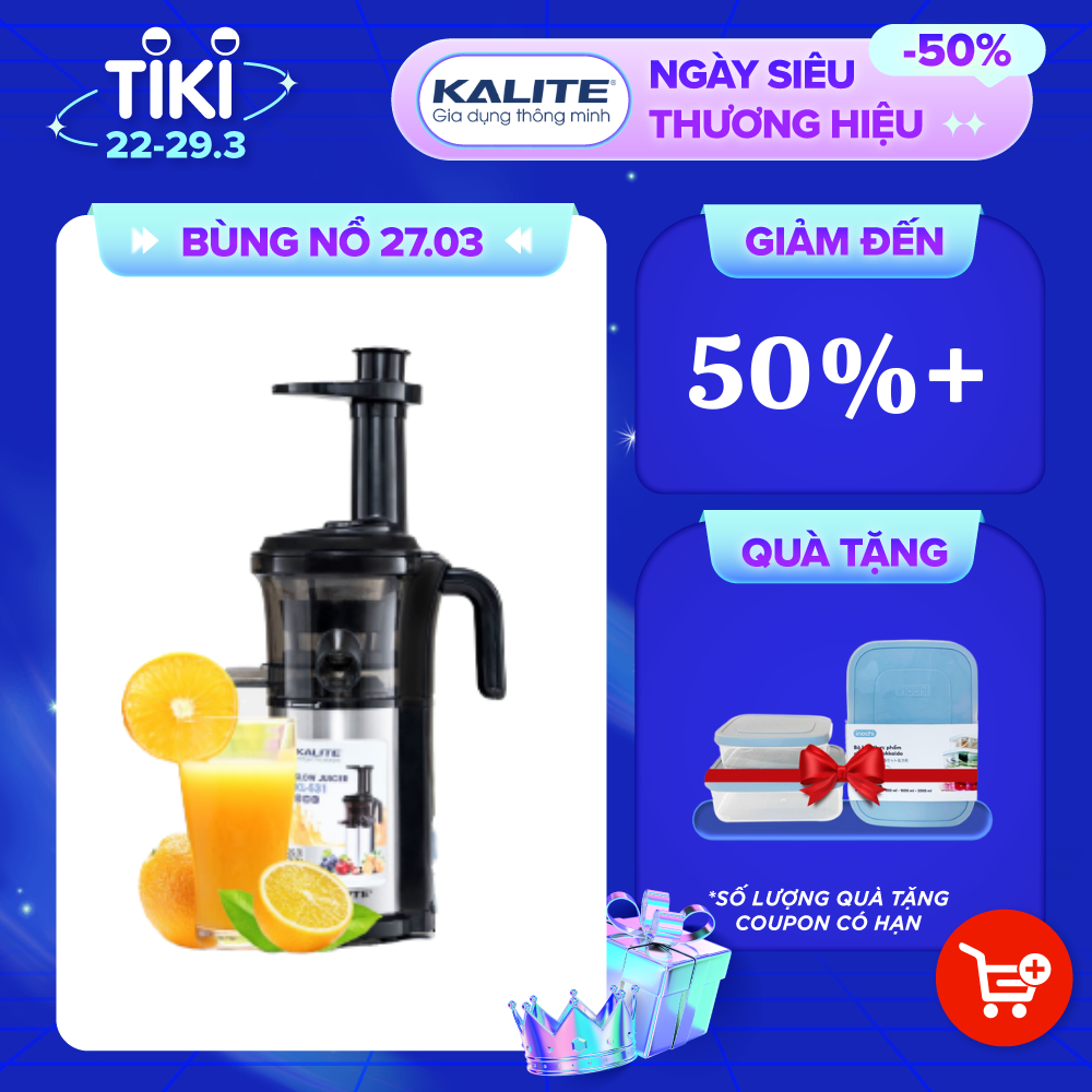 Máy ép chậm Kalite KL 531, công suất 200W, thân máy phủ inox 304, ép kiệt bã, chạy êm, bộ lọc trang bị lọc mịn làm bằng inox 304, hàng chính hãng