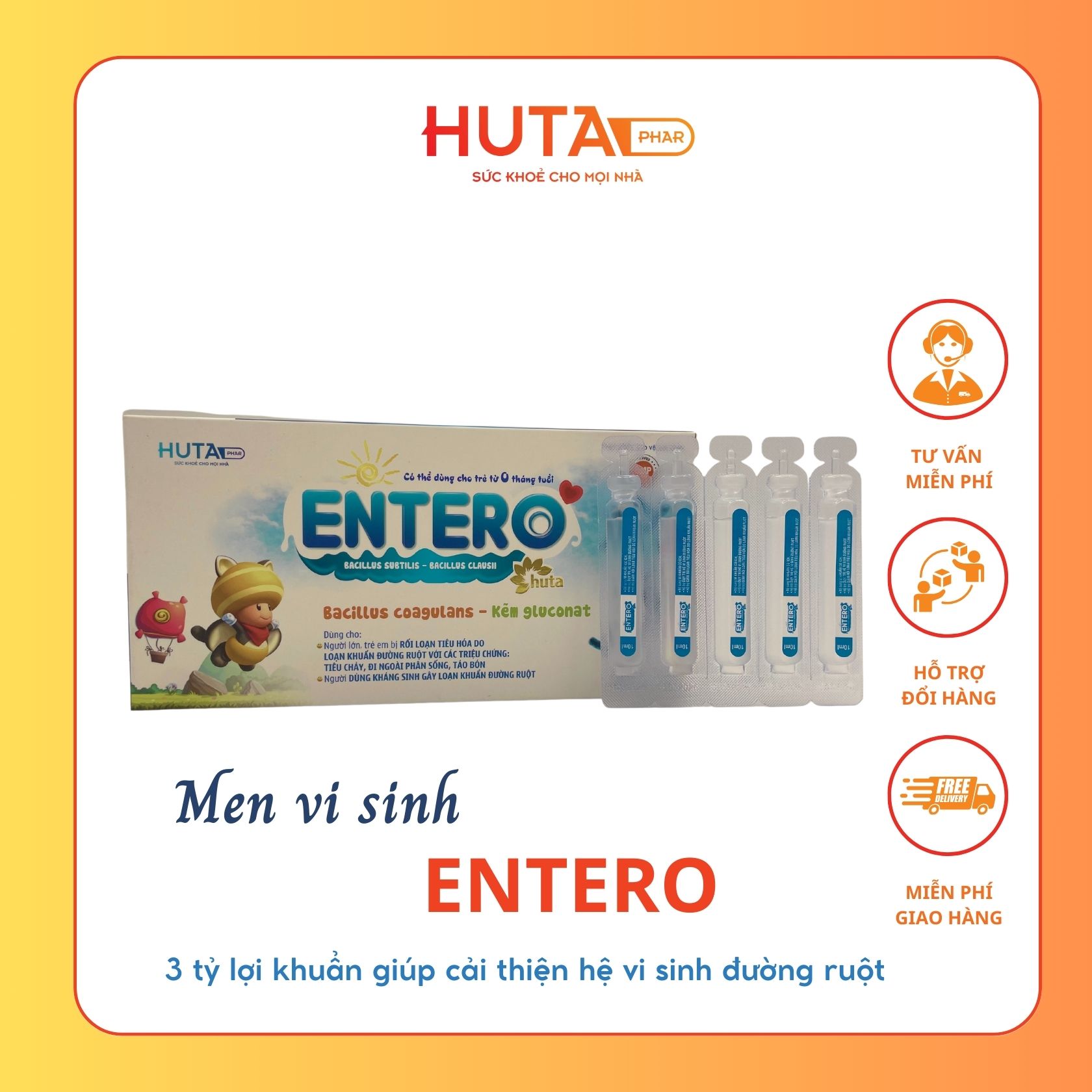 Men vi sinh ENTERO HUTA chứa 3 TỶ BÀO TỬ LỢI KHUẨN & KẼM tăng đề kháng hộp 20 ống x 10ml