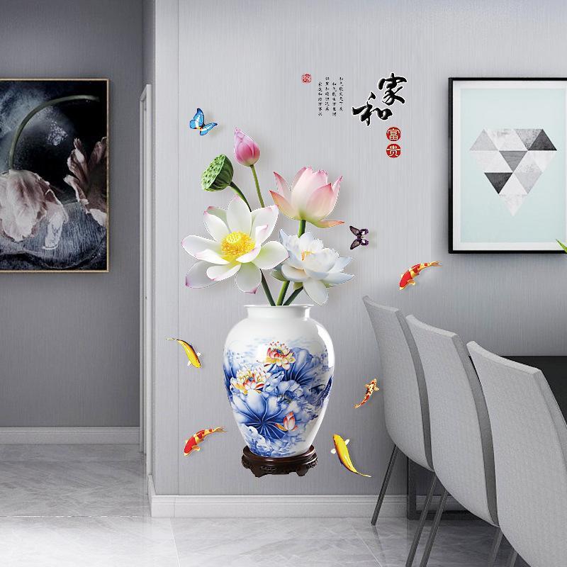 Decal dán tường Bình hoa 3D sen trắng