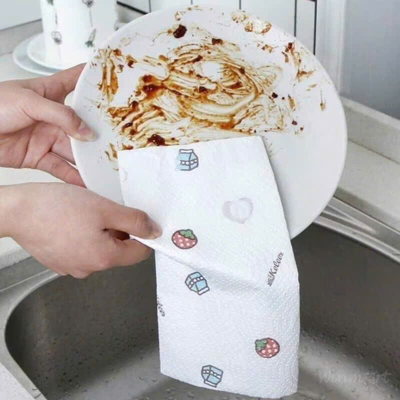 Giấy lau nhà bếp đa năng 50 tờ, Cuộn giấy lau bếp siêu dai giặt tái sử dụng được, Cọc gỗ để cuộn giấy
