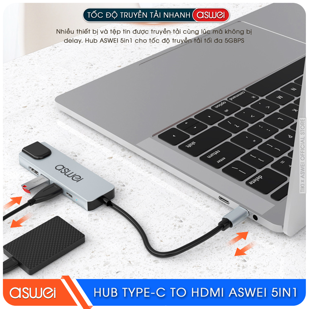 Hub Type C ASWEI 5 in 1 To HDMI, USB 3.0, Lan RJ45, PD 100W - Hàng Chính Hãng
