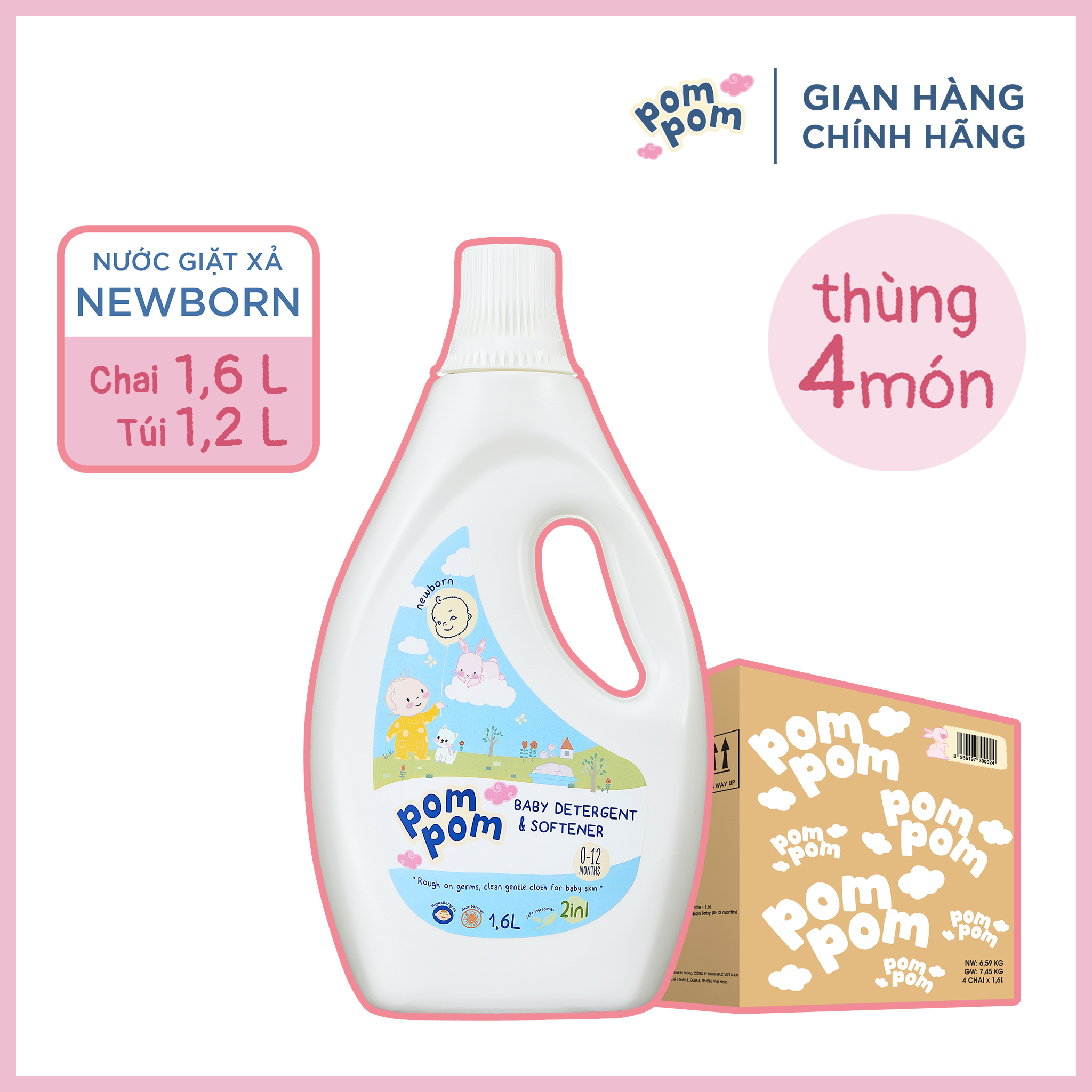 Thùng 4 Chai Nước Giặt Xả Cho Bé Từ 0-12 Tháng Tuổi - Dung Tích 1.6L