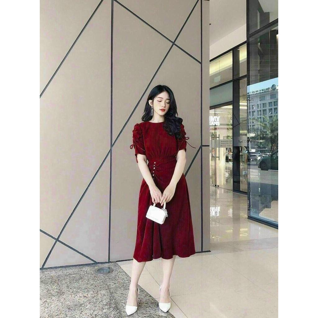 Đầm nữ fom dài kết cườm rút dây eo thời trang