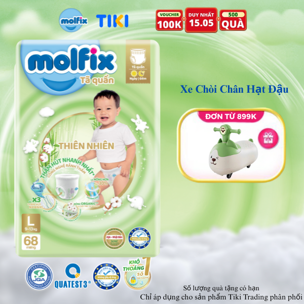 Tã quần Molfix Thiên nhiên Ultra L (9kg 13kg) Gói 68 miếng